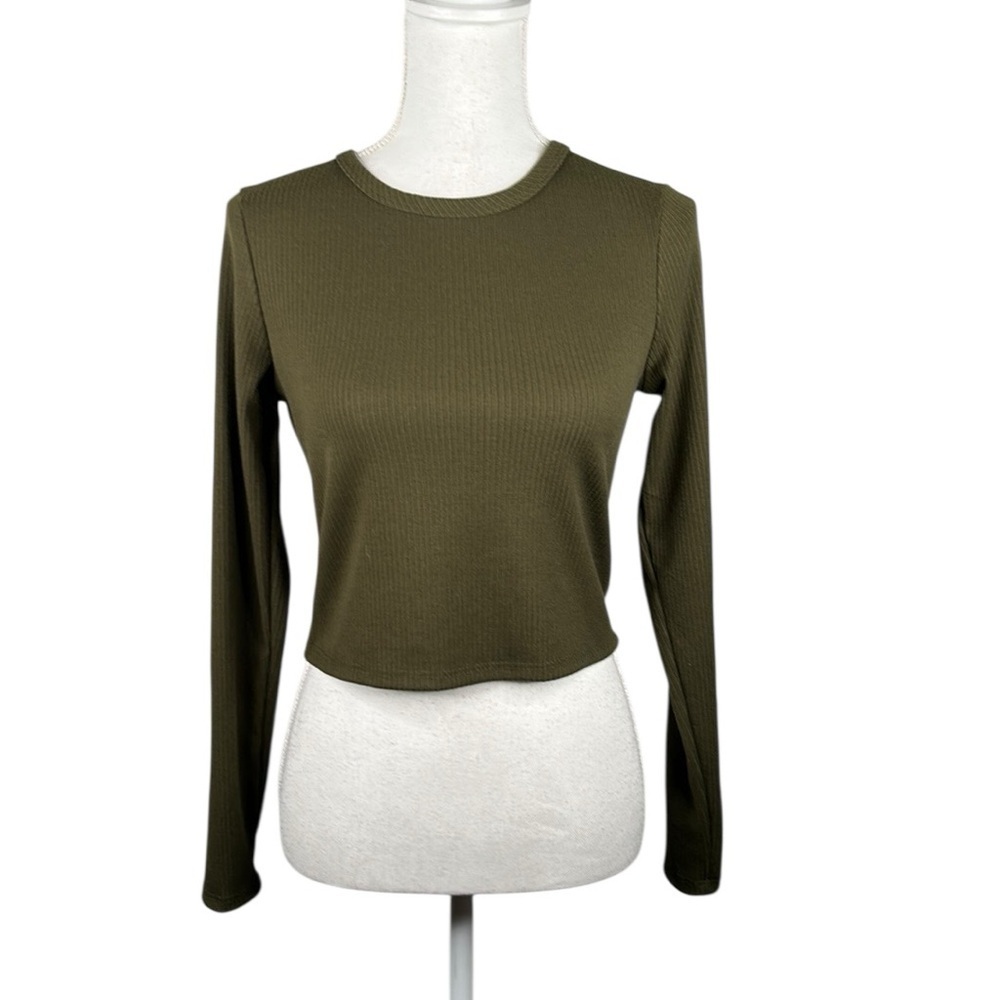 Olivia Rae Olive Ribbed Crewneck Long Sleeve Casual Crop Top Size Medium New!